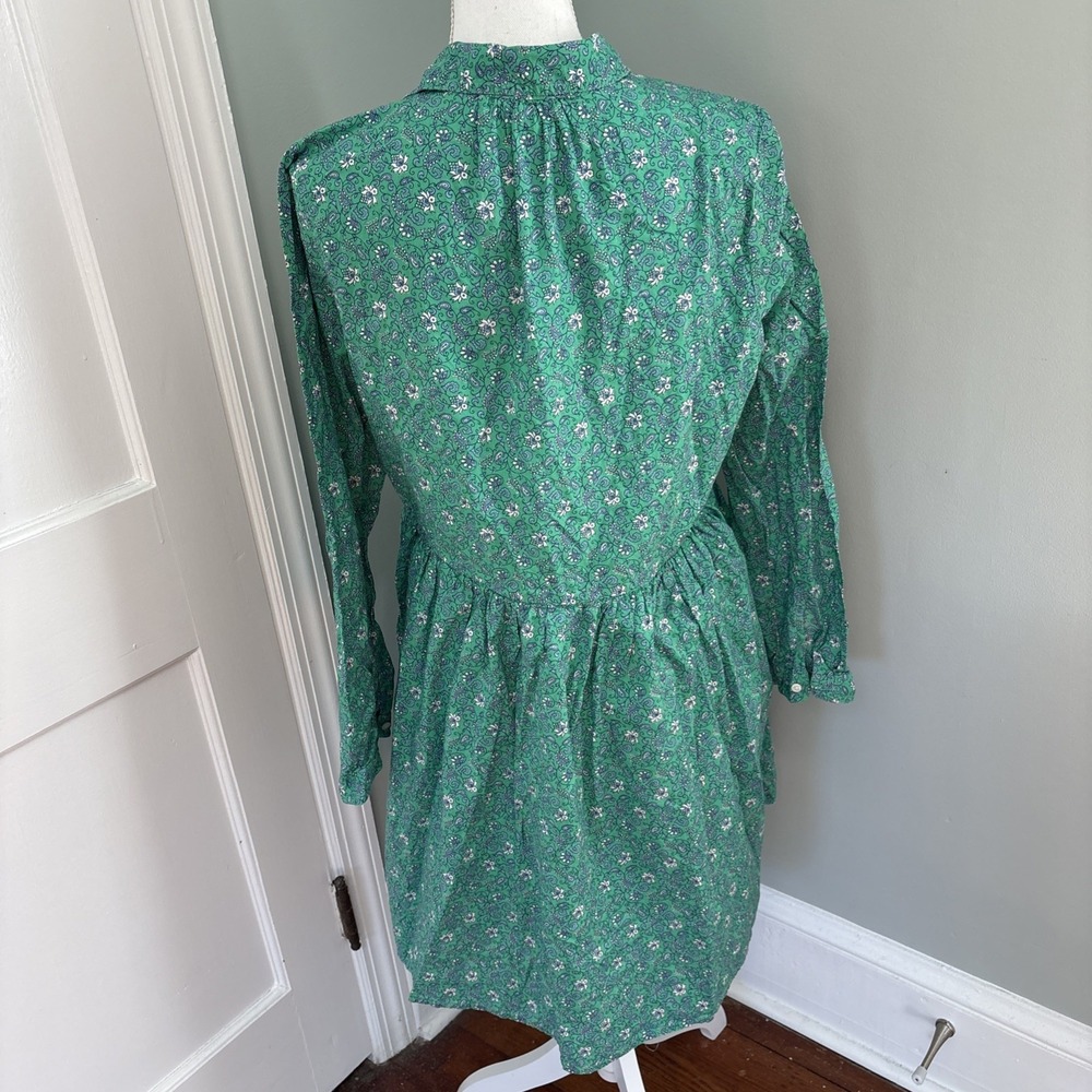 J. Crew Green Paisley Cotton Floral Printed Mini Shirt Dress Long Sleeve Size 12 - Picture 3 of 5